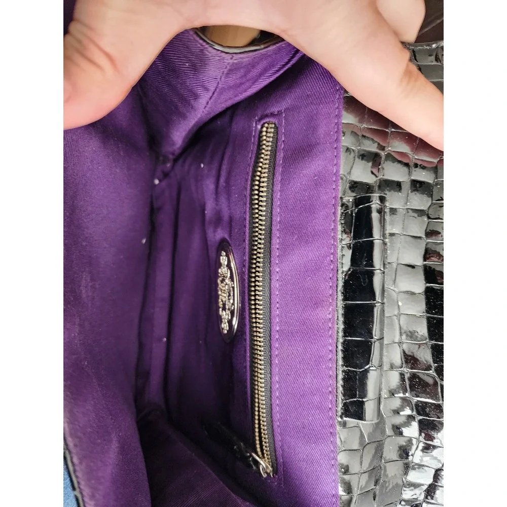 Stiletto Black Patent Croc Embossed Envelope Clutch Bag Purple Lining